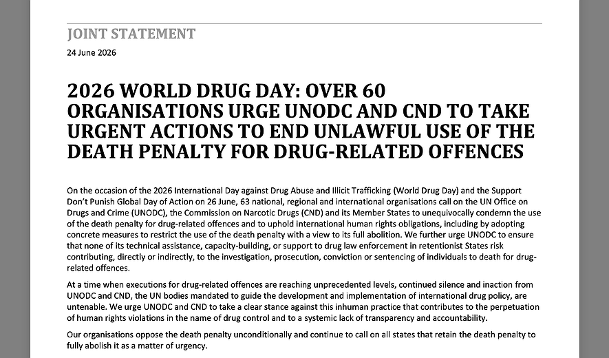 63 Organisations Urge UNODC and CND to Take Urgent Action Against the Death Penalty for Drug Offences